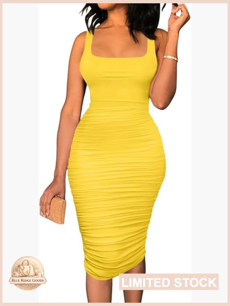 Sexy Ruched Bodycon Midi Dress Square Neck Backless Sleeveless Tank Party